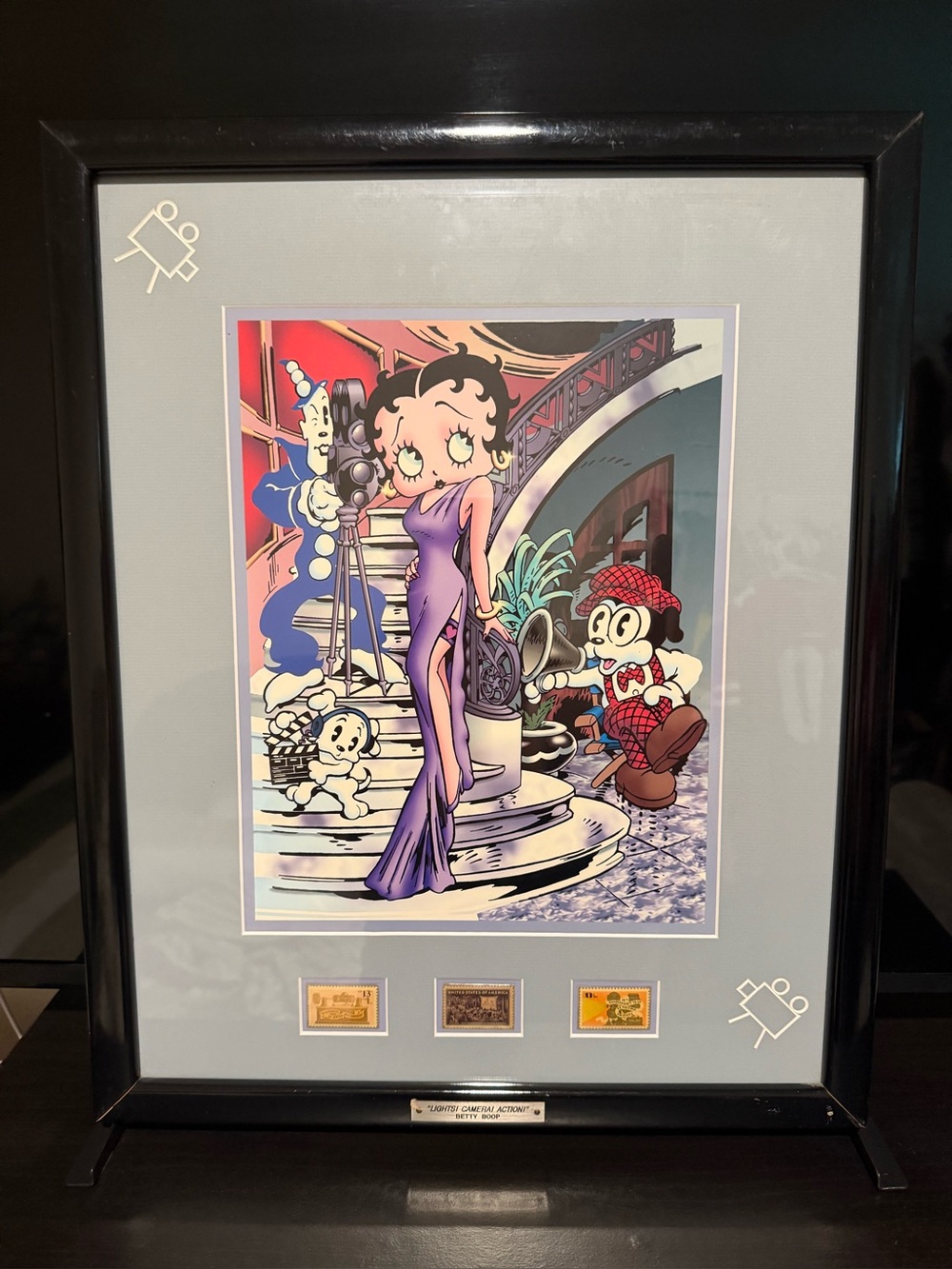 VINTAGE BETTY BOOP
LITHOGRAPH " LIGHTS!
CAMERA! ACTION!" WITH FRAME AND STAMPS
